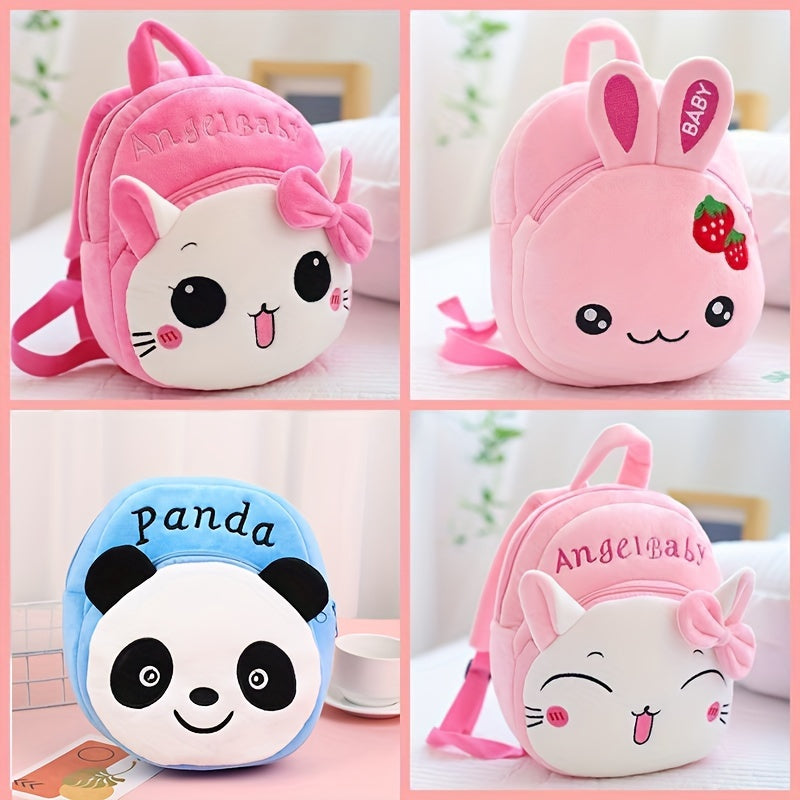 Youngsters' plush animal backpack set with zip closure - bunny, panda, and cat designs. Lightweight with adjustable straps, ideal for casual outings or gifts.