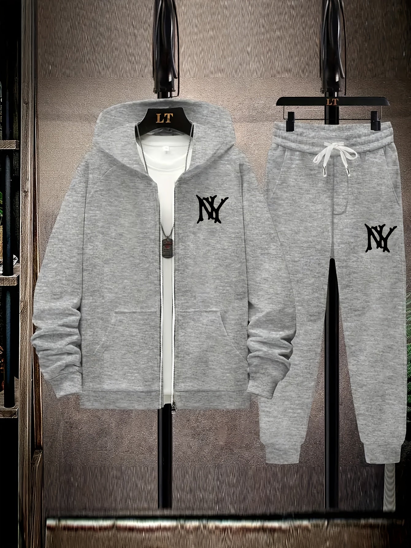 Plus size jacket set with NY letter prints, hooded cardigan, and matching drawstring fleece pants for autumn and winter.