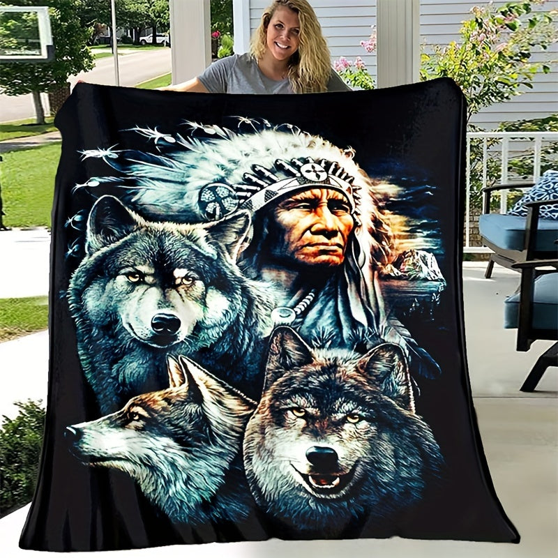 1 piece of retro Indian and wolf pattern printed blankets, with flange detail and made from soft, warm fabric perfect for using on sofas, in offices, or on beds while camping. These blankets are versatile and can be used as NAP blankets, making them a