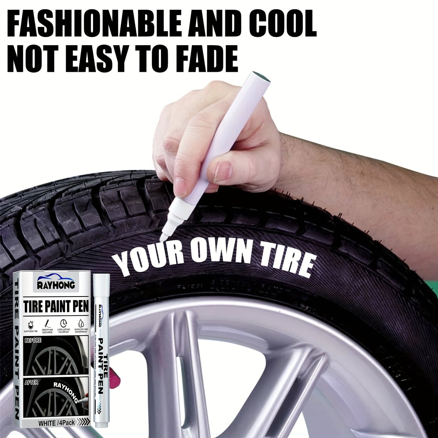 Set of 4 Tire Paint Pens for customizing your car's tires, perfect for adding letters or designs. This versatile tool is ideal for decoration and modification projects, making it a must-have for graffiti artists and DIY enthusiasts. Stay on-trend with