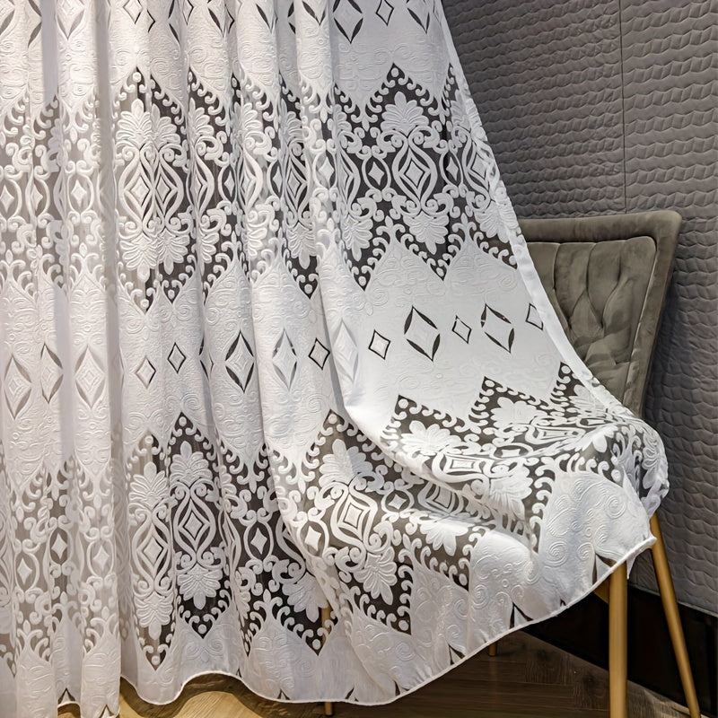 Art Deco Geometric Jacquard Sheer Curtains: Add a touch of elegance to your living room with these lightweight, unlined polyester drapes featuring a cutwork weave design. The grommet top and fashion theme make them a perfect all-season decorative panel