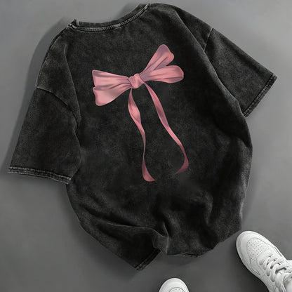 Casual Women's Distressed Black T-Shirt with Pink Bow Print, Short Sleeve, Round Neck, Machine Washable