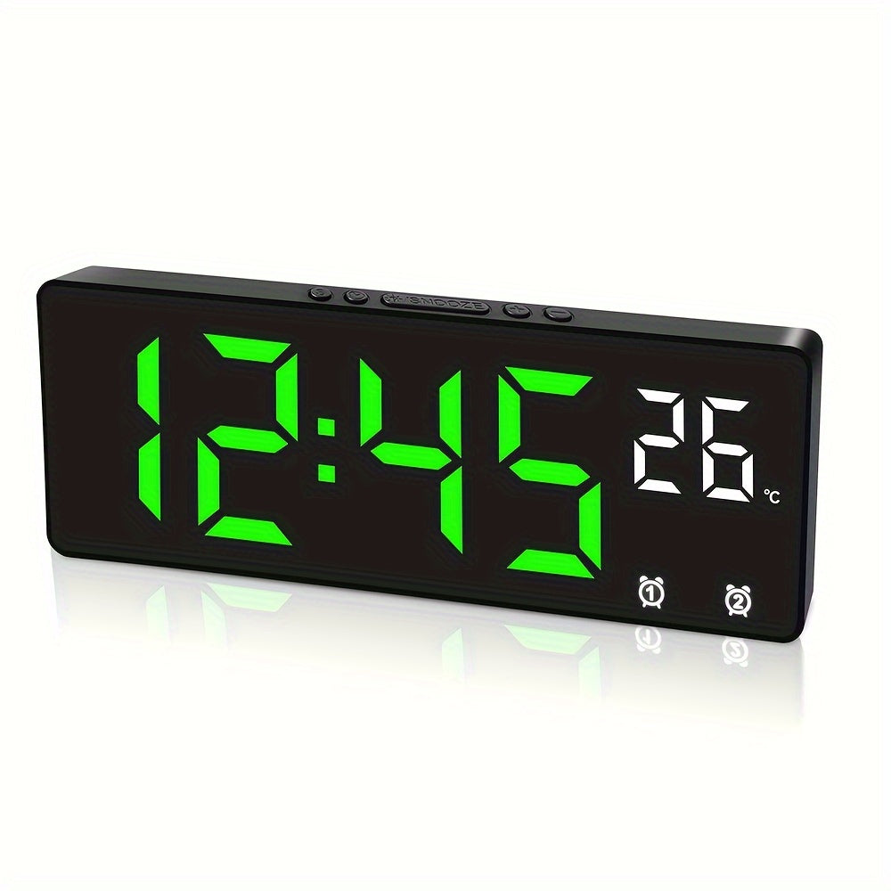 Fantasy-themed digital alarm clock with mirror surface, LED display, temperature, date, voice control, and customizable alarm settings.