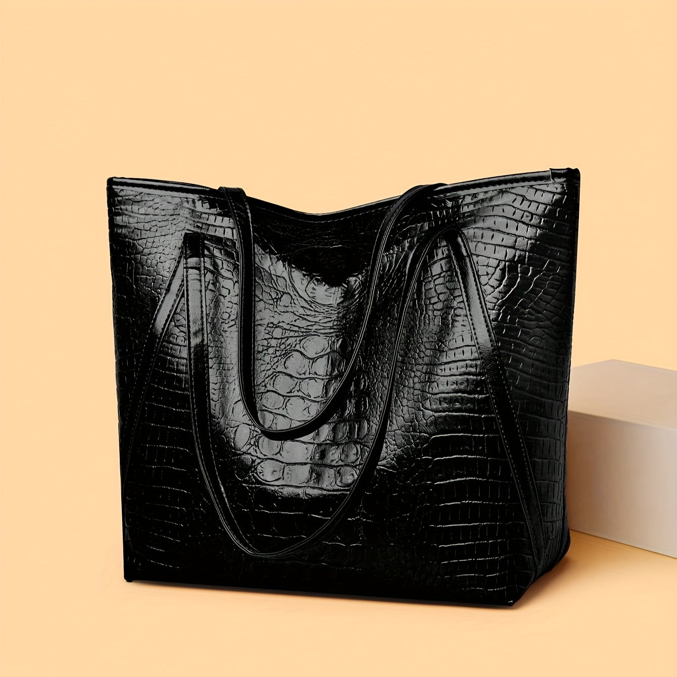 Women's stylish black tote bag with crocodile print, large capacity, and scratch-resistant material. Ideal for shopping, dates, parties, and commuting.