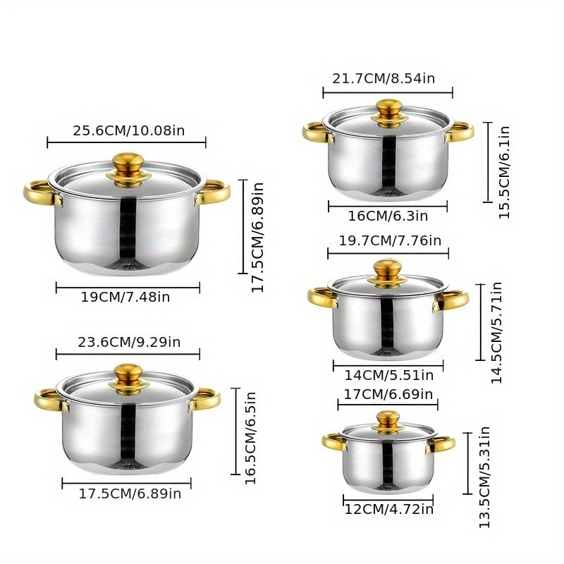 Set of 10 Stainless Steel Soup Pots with Gold-Plated Double Handles, Long-Lasting Cookware Finish, Must-Have Kitchen Items