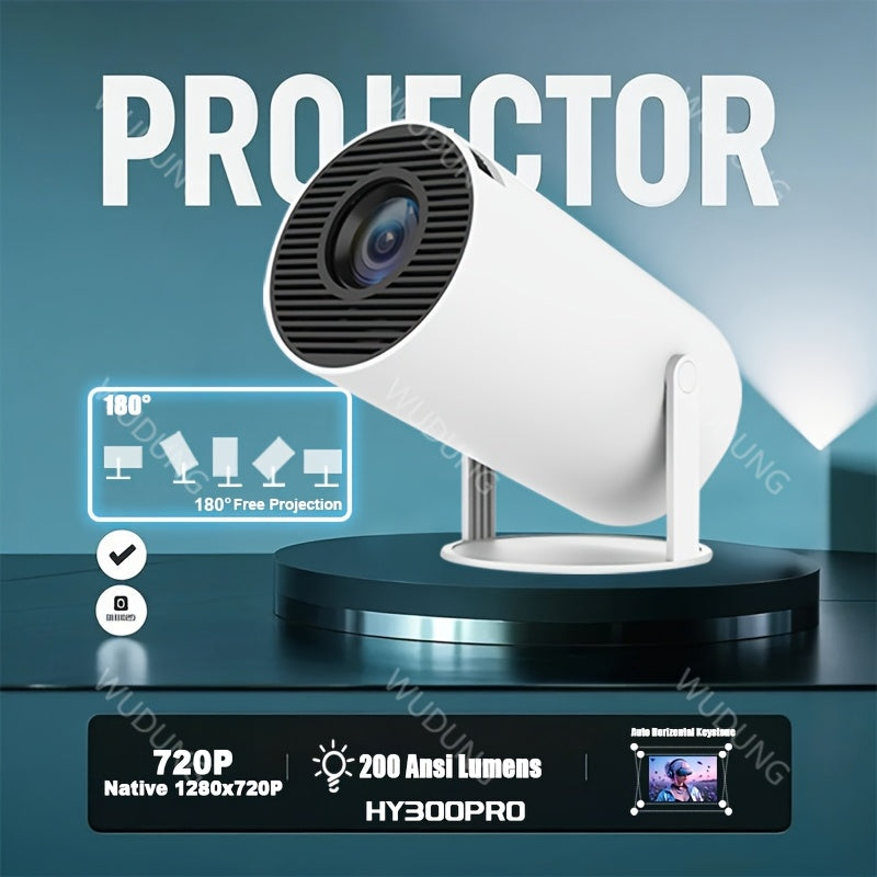 HY300Pro Mini Projector, 1280x720 native resolution, 200 ANSI lumen, LCD, table mount, button control, Wi-Fi 6, 16:9 & 4:3 aspect ratio, portable home theater equipment with 180° projection