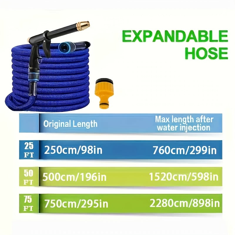 YIJU Expandable Garden Hose with High-Pressure Spray Nozzle & Multi-Thread Connectors - Available in 22.86m, 15.24m, and 7.62m Lengths, Blue Rubber Design for Cleaning, Washing, and