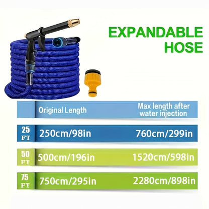 YIJU Expandable Garden Hose with High-Pressure Spray Nozzle & Multi-Thread Connectors - Available in 22.86m, 15.24m, and 7.62m Lengths, Blue Rubber Design for Cleaning, Washing, and