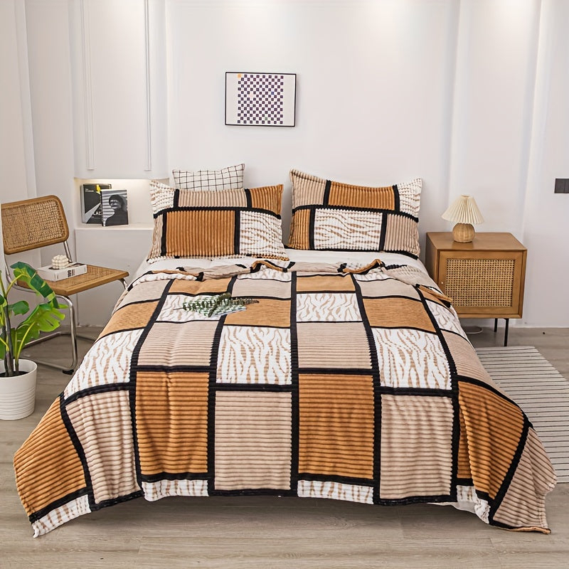 A cozy fleece blanket with whimsical stripes, ideal for snuggling up at work or having a quick snooze.