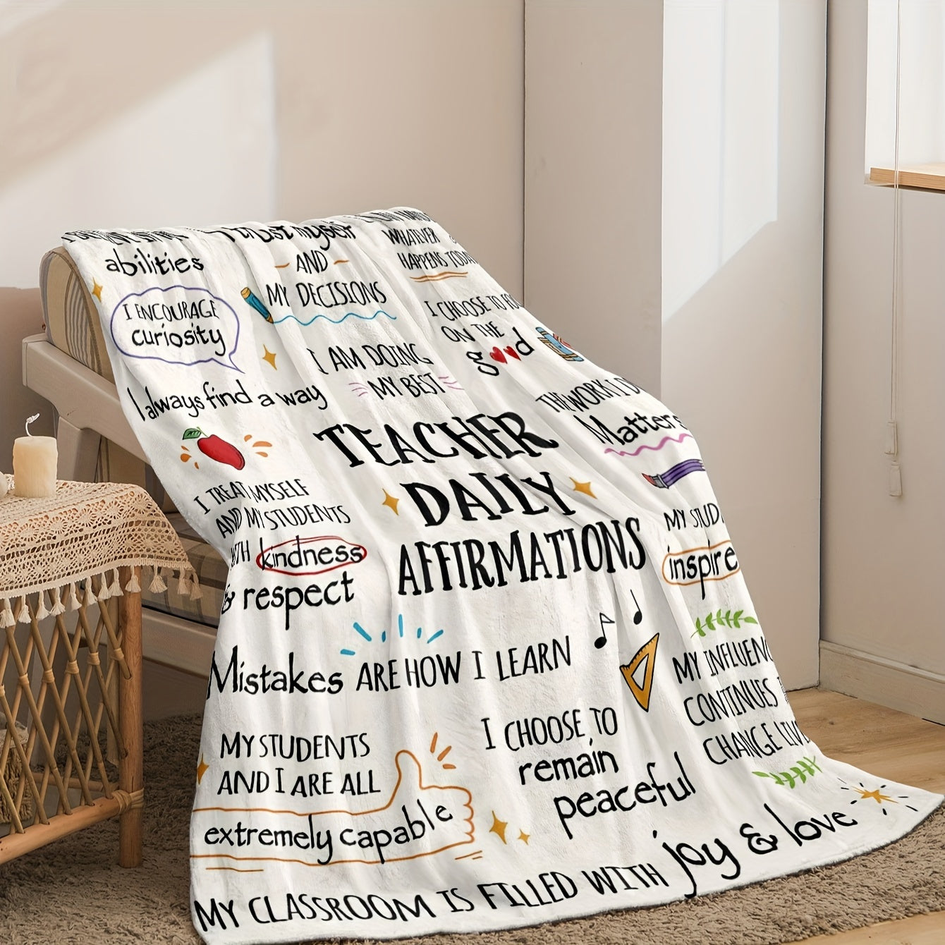 Soft and cozy flannel fleece blanket featuring a contemporary design perfect for teachers. This all-season blanket is reversible and easy to care for with machine washable polyester cover and lining. Made with 250-300g fabric, this multi-purpose gift is