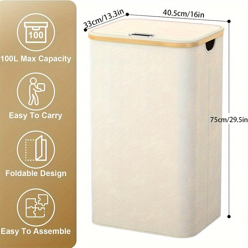 100L Tall Laundry Basket with Lid and Bamboo Handles - Collapsible and Waterproof Storage Bin for Dorm, Bathroom, Bedroom - Cream White