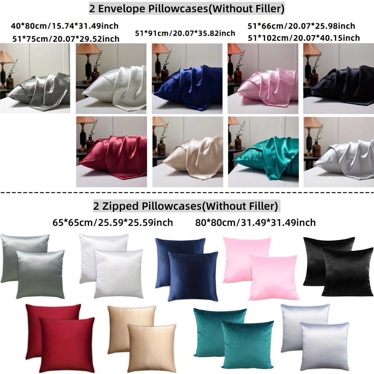 2 ta Luxurious Satin Pillowcase to'plami turli ranglarda - Yumshoq va havo o'tkazuvchi, oddiy parvarish uchun konvert yopilishi va zipper bilan - Yil davomida foydalanish uchun ideal (Yostiq qo'shimchalari kiritilmagan), Satin Pillowcase to'plami