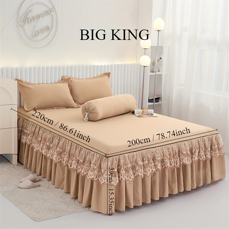 Chic 3-Piece Bed Skirt Set Featuring Double Layer Lace - Comes with 1 Bed Skirt and 2 Pillowcases, in a Solid Color. Non-Slip and Perfect for All Seasons, this Set is Machine Washable for easy care.