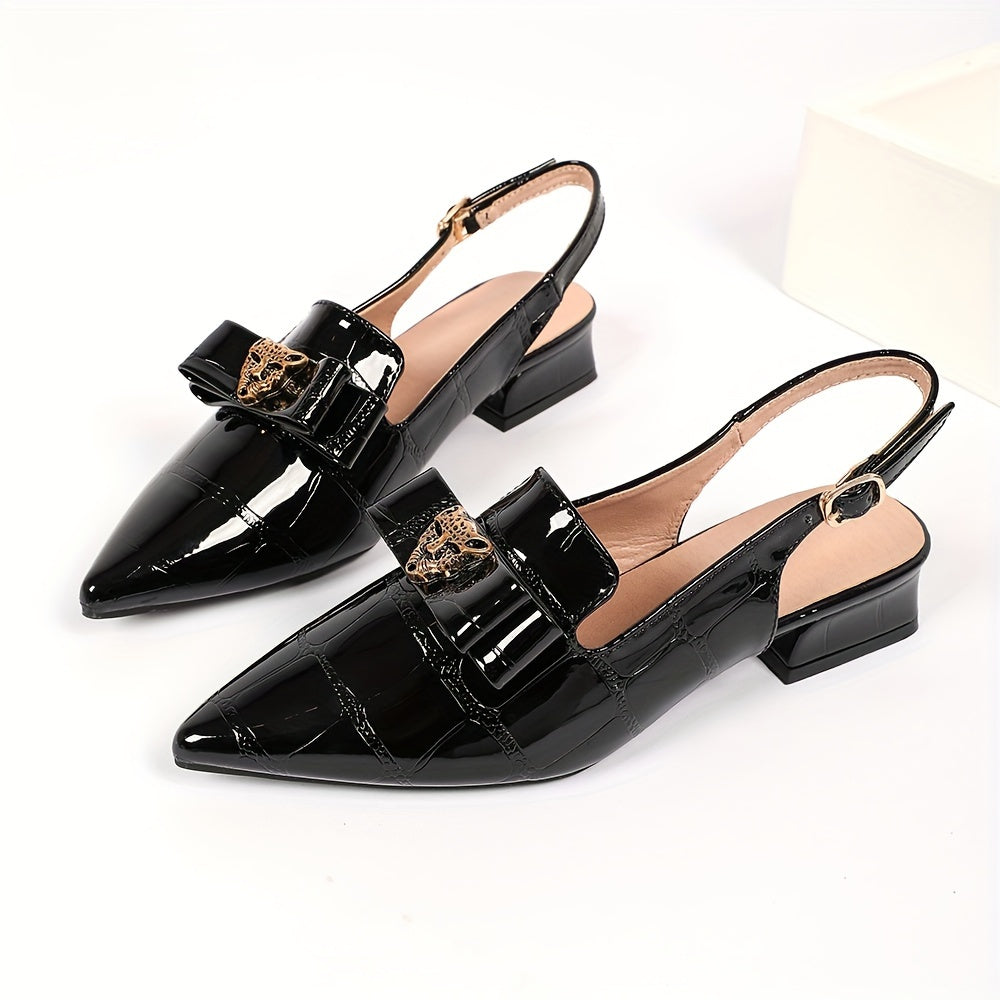 Women's Elegant Slingback Heels with Pointed Toe Chunky Heel and Faux Leather