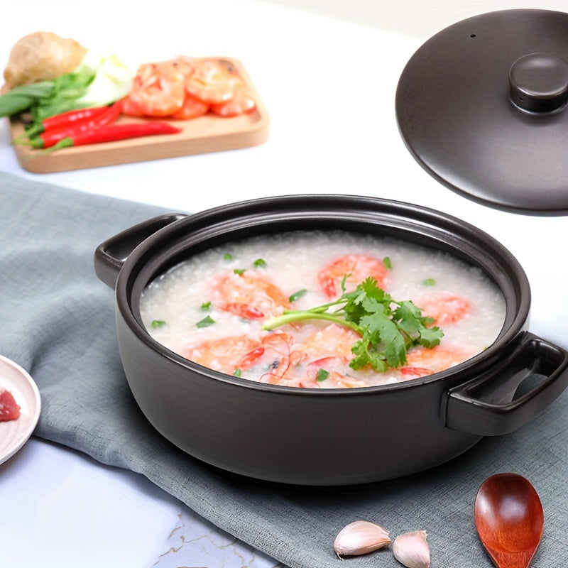 Durable Clay Pot Cookware: Round Microwave Safe Stew Pot with Lid - 2L High-Temperature Resistant Ceramic Casserole Dish for Slow Cooking, Braising, and Soup Making