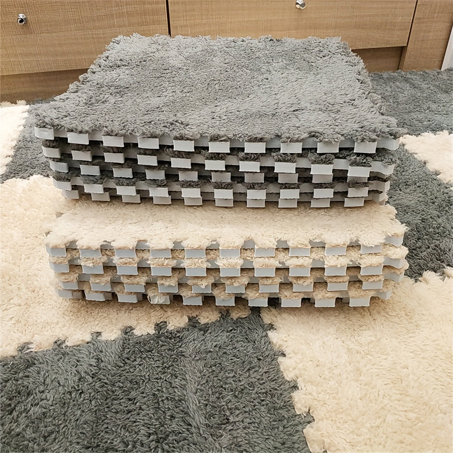 12 pieces of flocked carpet splicing mats for home, bedroom, and cartoon square flooring, measuring 11.8*11.8 inches. These mats are anti-slip, beautiful, and also anti-fatigue.