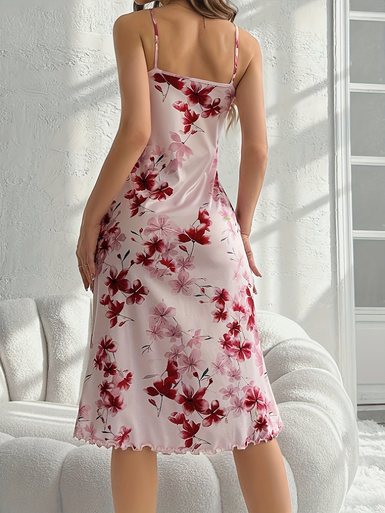 Floral print slip nightdress with lettuce trim, backless design, perfect for lounging and sleeping.