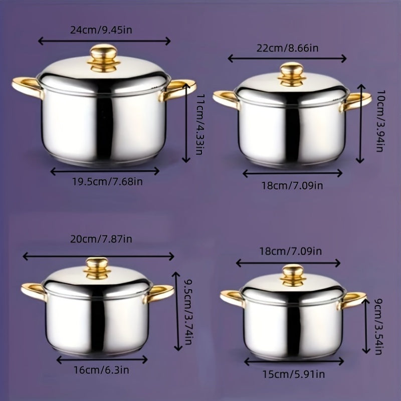 Complete Set of 10 Stainless Steel Soup Pots with Double Handles and Glass Lids - Perfect Cookware for Home and Restaurant Use, Induction Compatible for Versatile Cooking, Great for Stews, Noodles, and Outdoor Camping