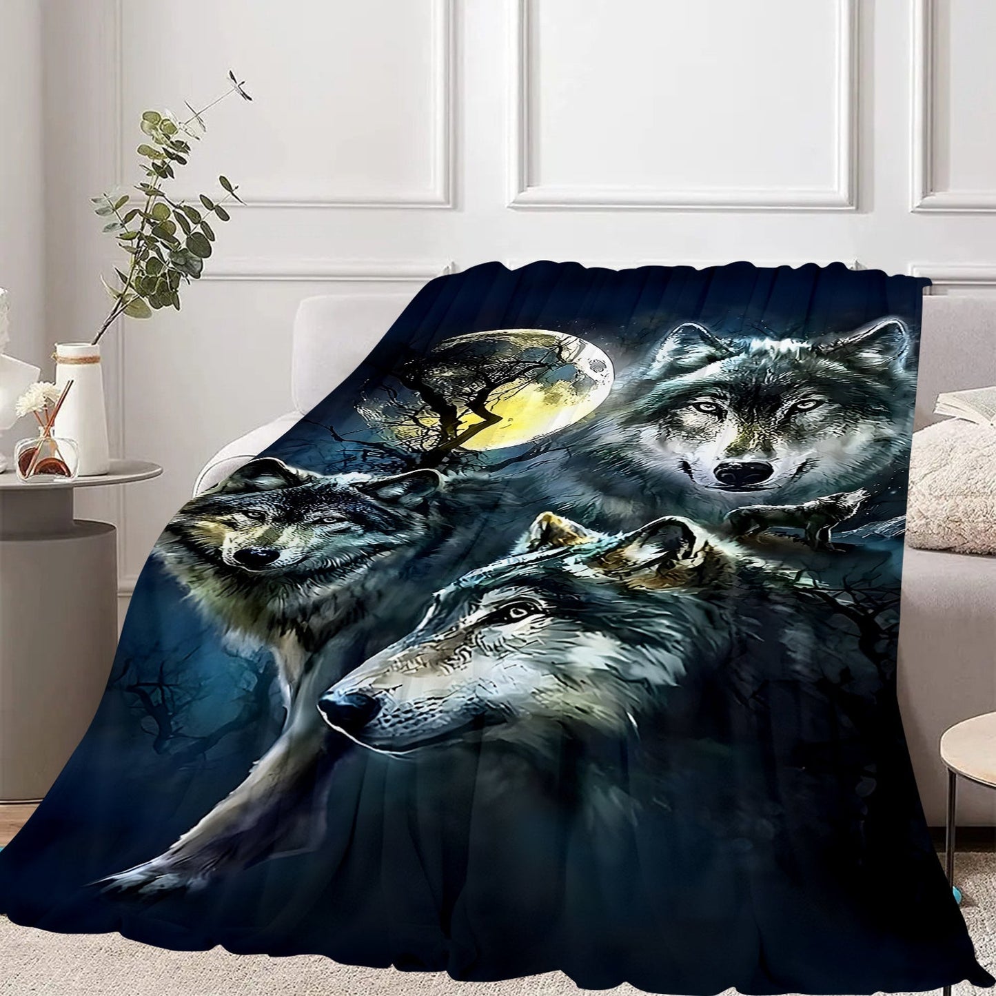 Soft and cozy Contemporary Wolves in Moonlight Design Flannel Fleece Throw Blanket, perfect for use on sofa, in the office, bed, camping, or while traveling. This multipurpose holiday gift nap blanket is made of knitted polyester, machine washable, and