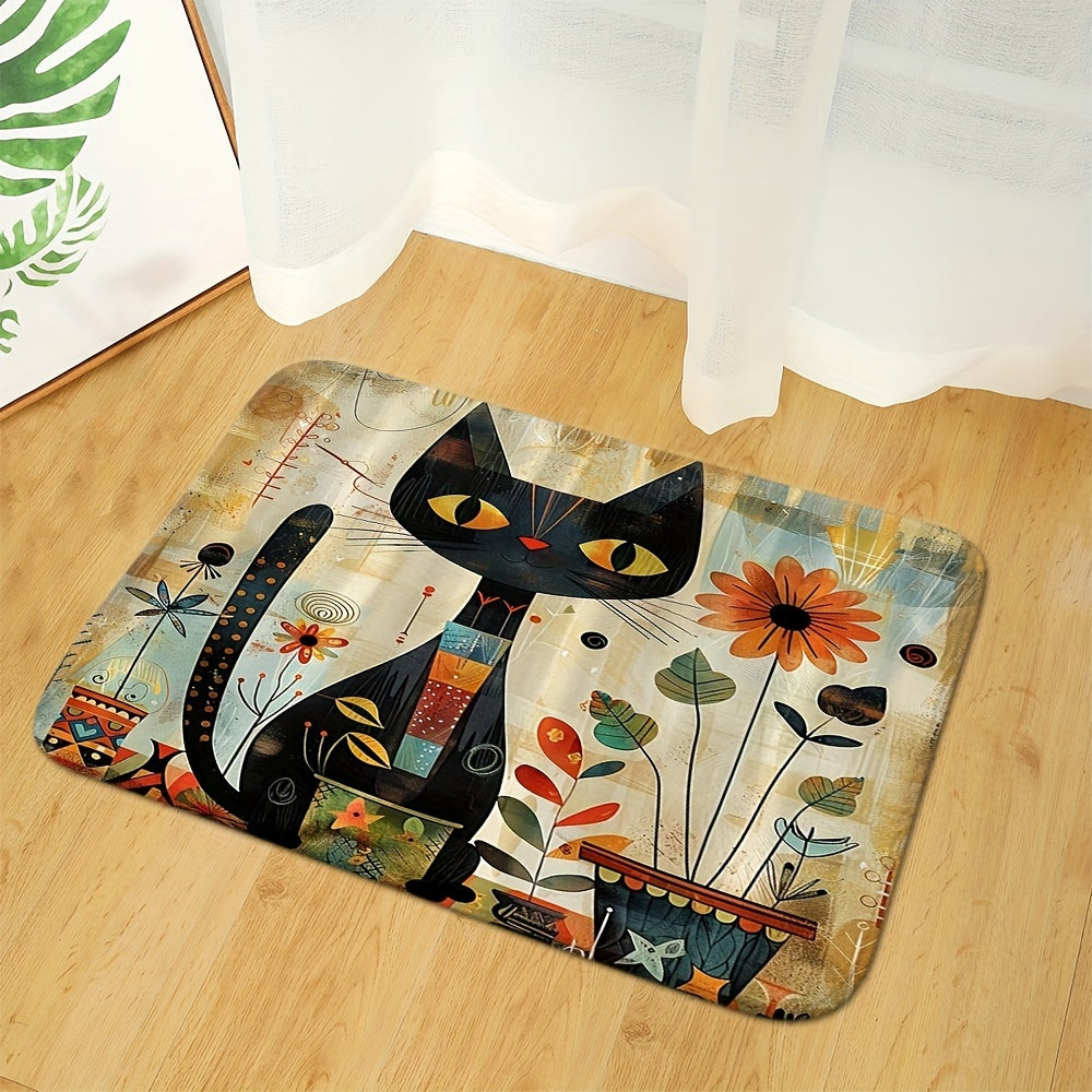 Set of three black cat sunflower floor mats for bathroom, including toilet cover, toilet mat, and absorbent door mat. Features non-slip design for safety and decorative purposes.