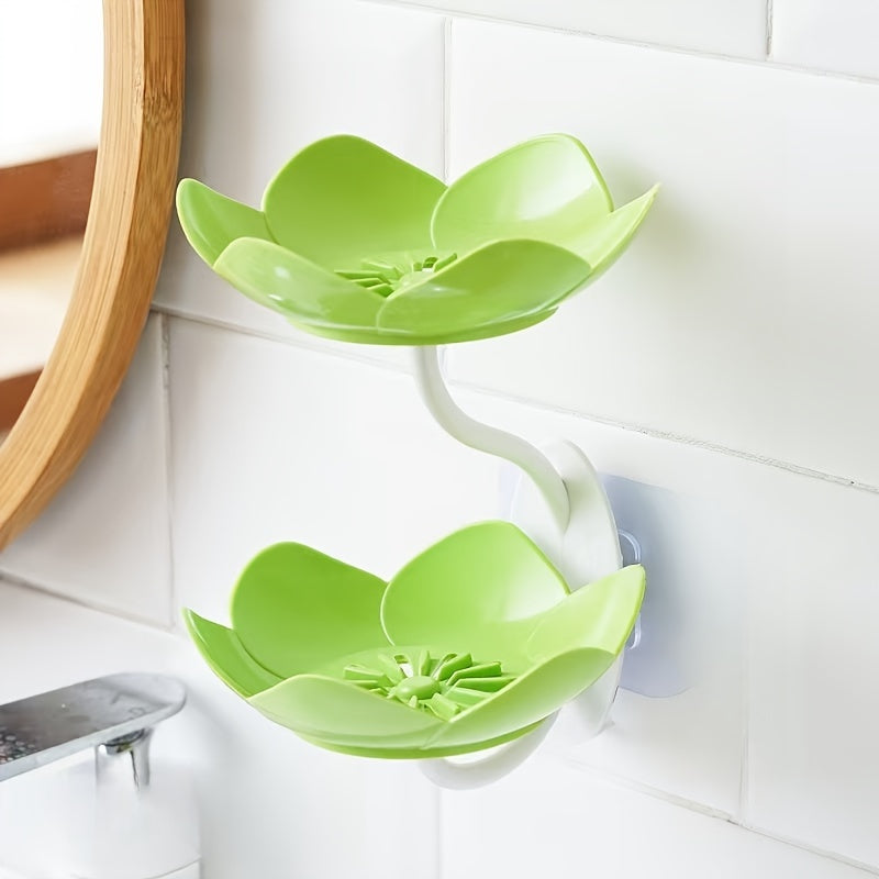 Double-layer wall-mounted soap dish with floral design, suitable for bathroom and laundry room, no drilling required, self-draining feature.