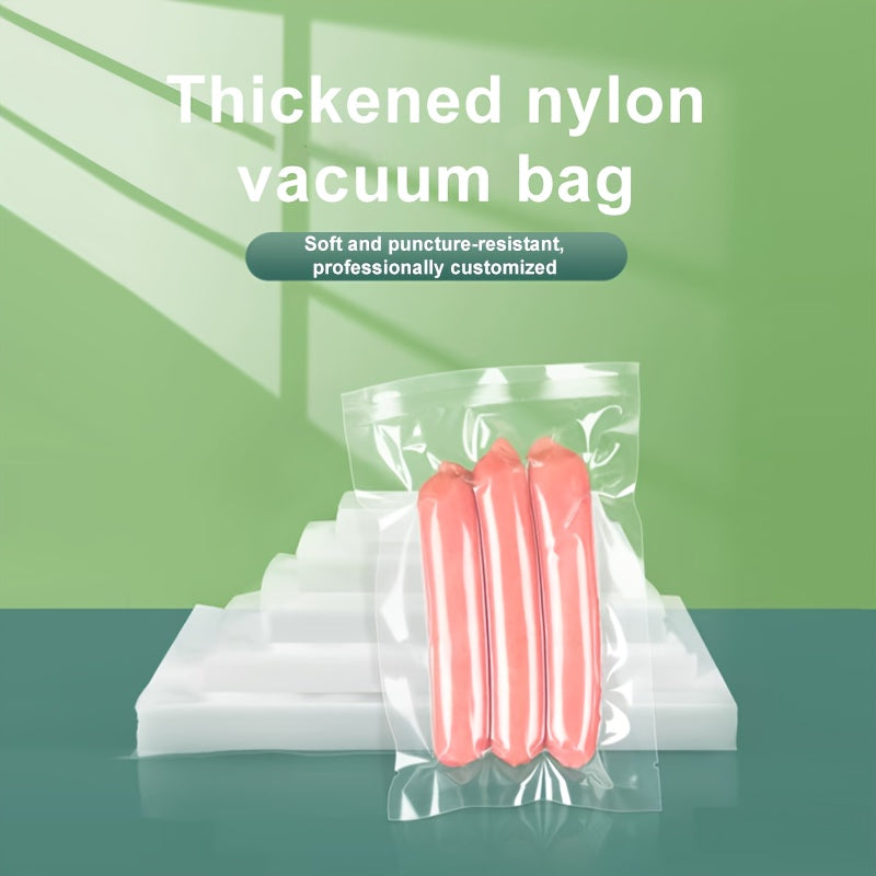 100 vacuum sealed food bags made of silk and transparent polyester nylon material. These bags are designed for vacuum compression and plastic sealing to keep food fresh. They have a glossy commercial finish.