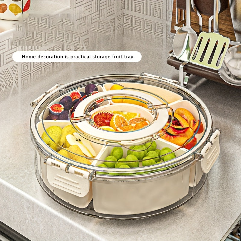 Rotating snack tray with lid for food storage and display, perfect for home, parties, and holidays. Safe for food contact, suitable for various occasions. Ideal for nuts, dried fruit, candy.