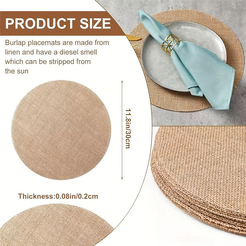 10-pack of round burlap placemats, eco-friendly & durable for home or events, measures 29.97cm in diameter.