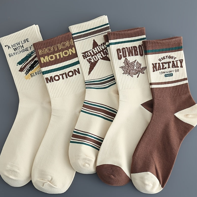 5-pack men's socks with vintage American style, comfortable and breathable. Made of a cotton blend with polyester and spandex. Hand wash only. Features a letter pattern, knit fabric, and