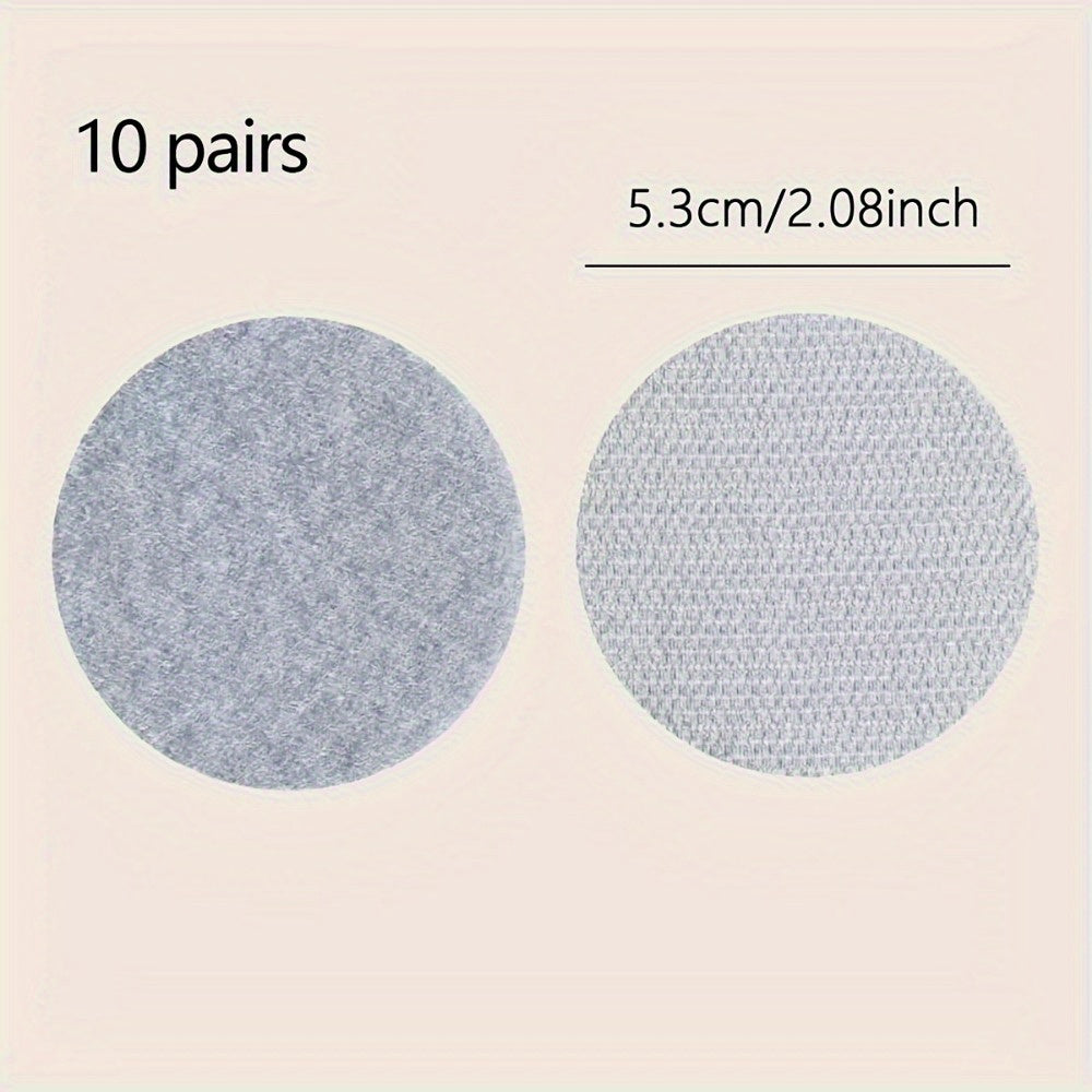 20 pieces or 10 pairs of adhesive back sofa sticker holders, each measuring 5cm (2 inches) in diameter. Ideal for home, DIY projects, and handicrafts, featuring strong fixing fabric fasteners with a back tape strip for easy attachment.