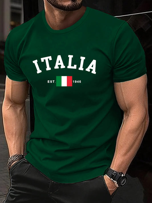 ITALIA Grafik Print Erkaklar T-Shirt - Qulay va Elastik, Yozgi Tashqi Faoliyatlar Uchun Ideal | Ko'cha uslubi Crew Neck T-shirti qora, burgundi, qora yashil, ko'k, kulrang, an'anaviy