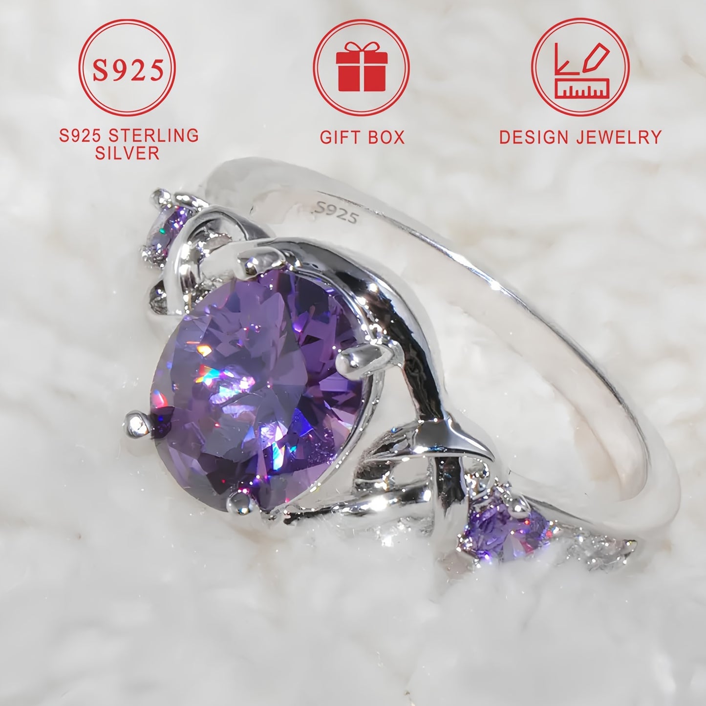 French-style 925 sterling silver engagement ring with oval synthetic purple cubic zirconia. 3-stone setting with twist knot design. Ideal for daily wear and special occasions. Comes with