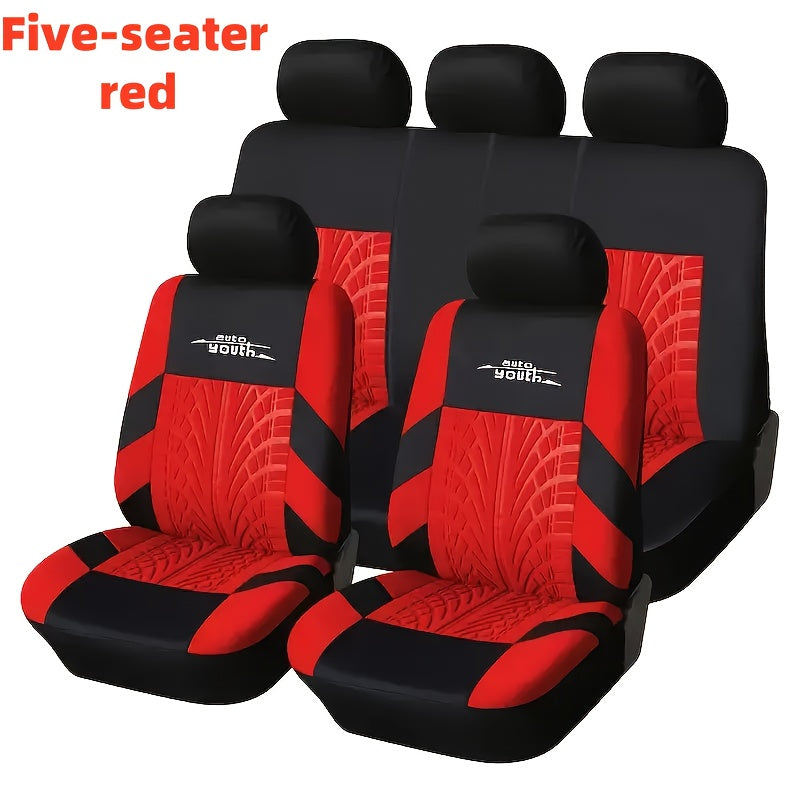 Universal nine-piece car seat cover set with soft, sponge filling and stylish tire trace design. Suitable for all seasons and most car models. Acts as a car seat protector.