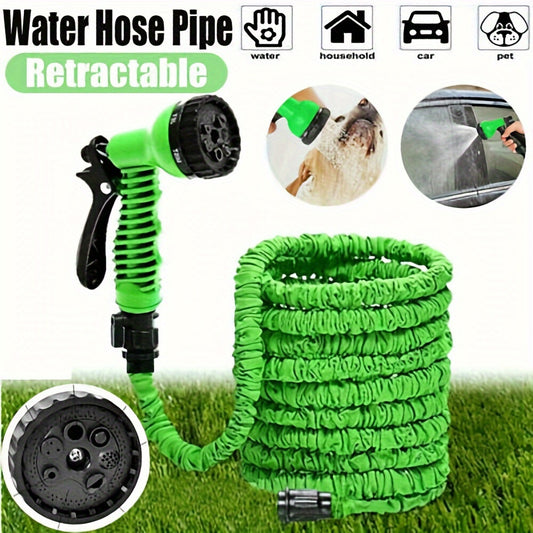 Versatile retractable garden hose with spray nozzle, durable rubber material for high-pressure car wash and irrigation. Compatible with thread standards in Europe and America, available in