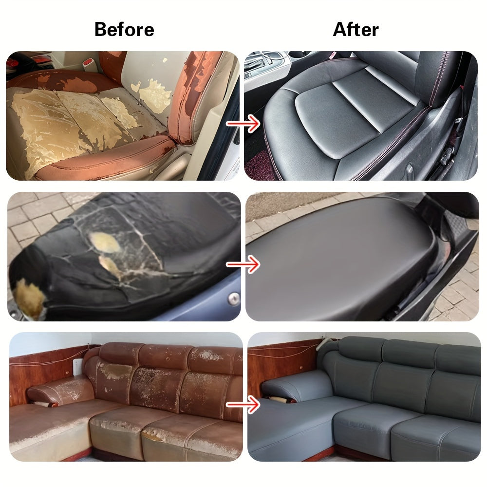 Self-adhesive leather repair patch for sofa seats, car interior doors, couch refurbishment, and headboard renovation. Made from non-fading waterproof artificial leather material.