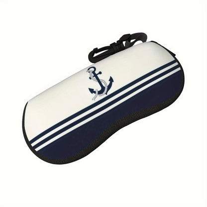 Stylish Navy Blue Anchor Pattern Glasses Case for Men and Women - Lightweight Neoprene Zipper Eyewear Holder for Fashionable Reading Glasses, Perfect for On-the-Go Storage.