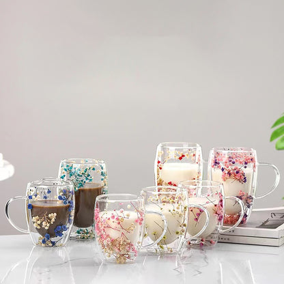 Double layer coffee cup mug with fresh flowers, suitable for home and office, perfect holiday gift.