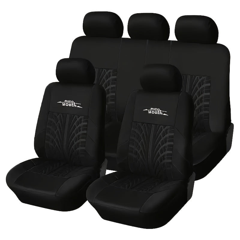 Durable 5-seat car & SUV seat covers made from breathable polyester with tire tread design for easy care.