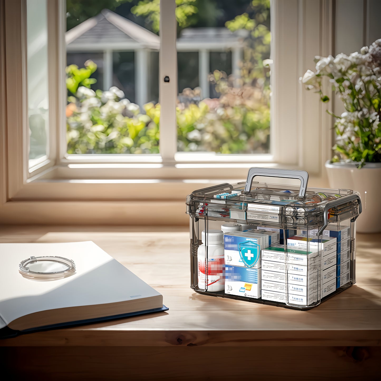 Waterproof double-layer medicine organizer for home first aid supplies.