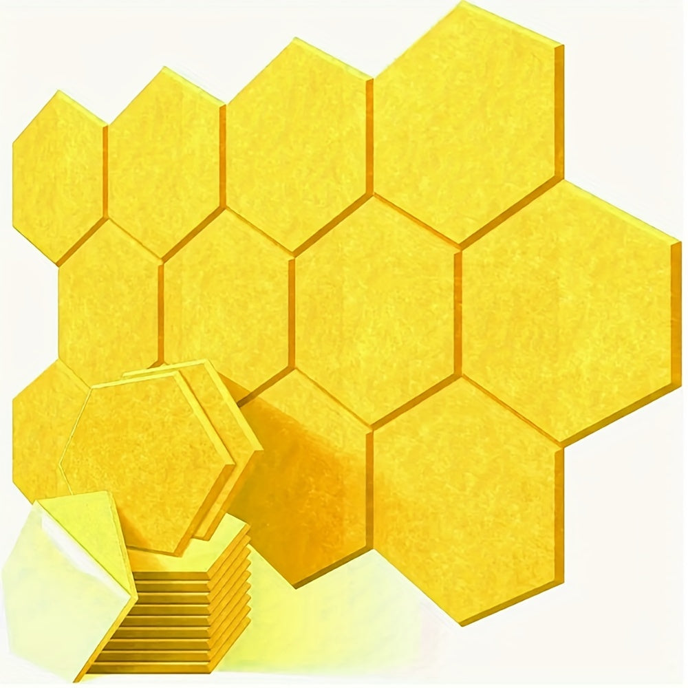 12-pack of hexagonal soundproof foam panels with self-adhesive backing, flame retardant properties, and dimensions of 30.48cm x 25.4cm x 1.02cm. Ideal for noise reduction and echo