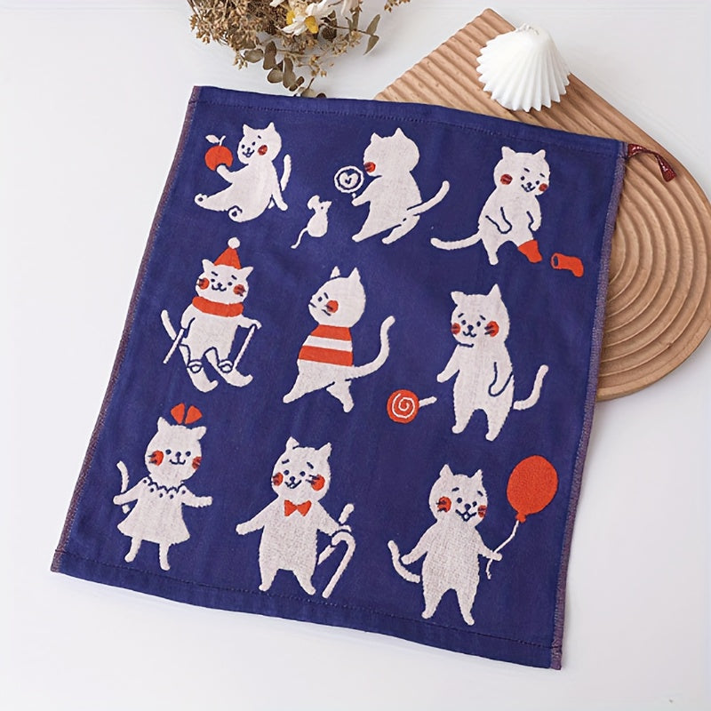 Soft cotton towel with cat pattern, sized 34.01 * 40.01 cm, ideal for bathrooms and kitchens.