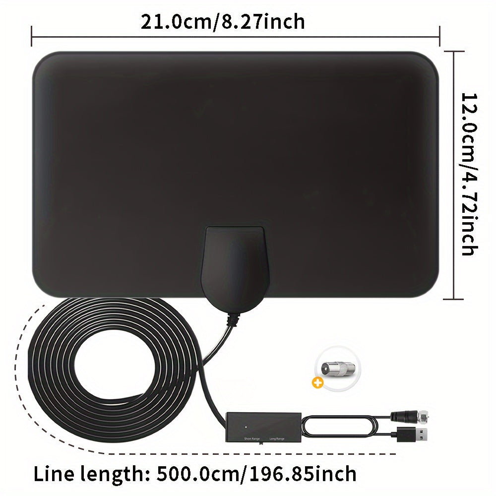 High-definition indoor digital TV antenna with amplifier, includes 5.0m coaxial cable, 250-mile range, supports HD and Ultra HD channels.