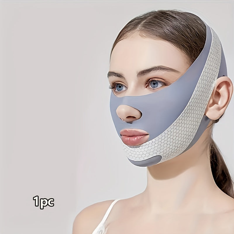 <Elastic plastic facial bandage for day and night use, also functions as anti-snoring and sleep mask.>