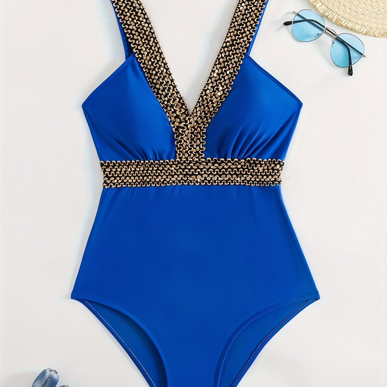 Compare Golden Band One-piece Swimsuit with V Neck Back Buckles Backless Bathing Suits for Women.