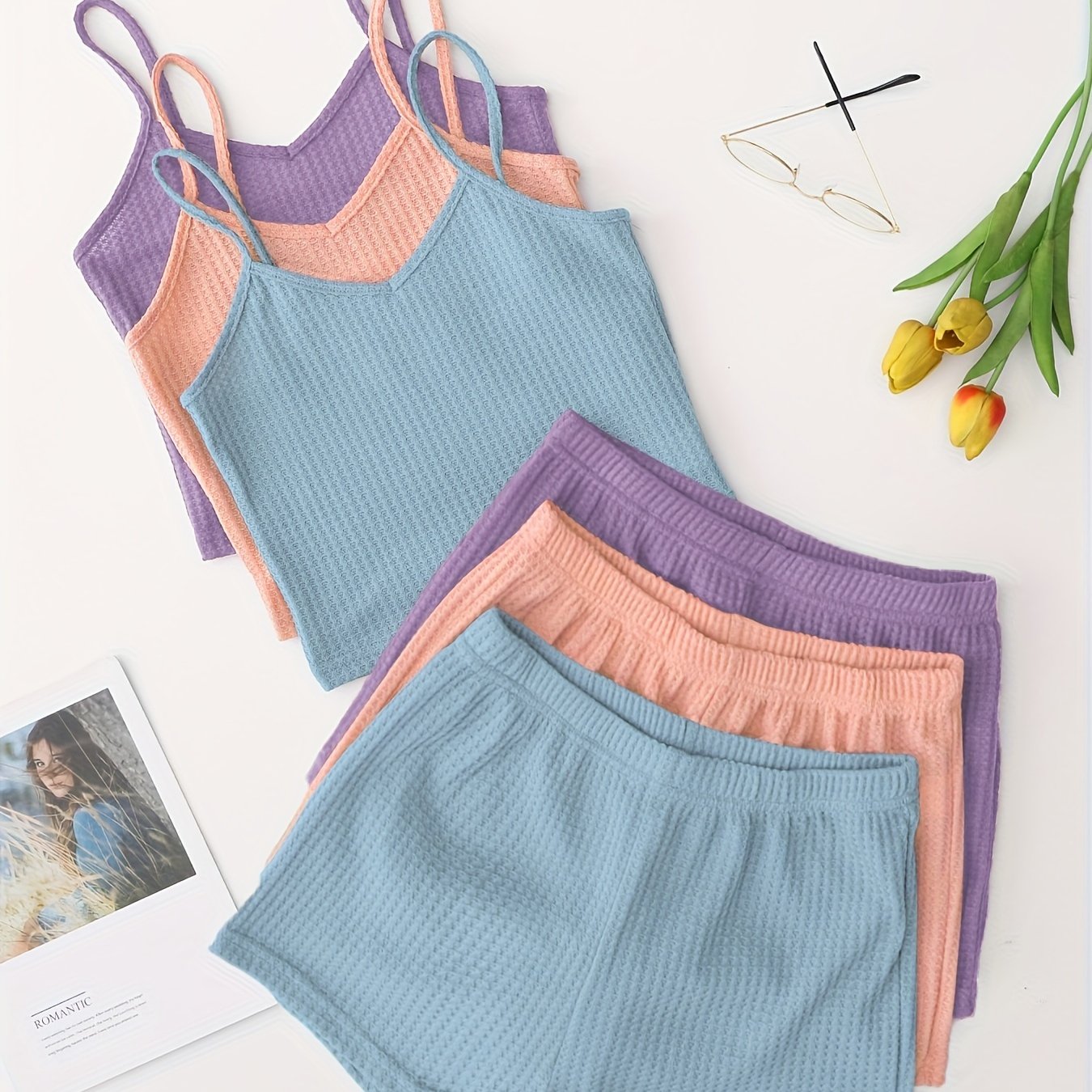 3-piece waffle lounge set for women: cami top, shorts with elastic waistband. Loungewear and sleepwear.