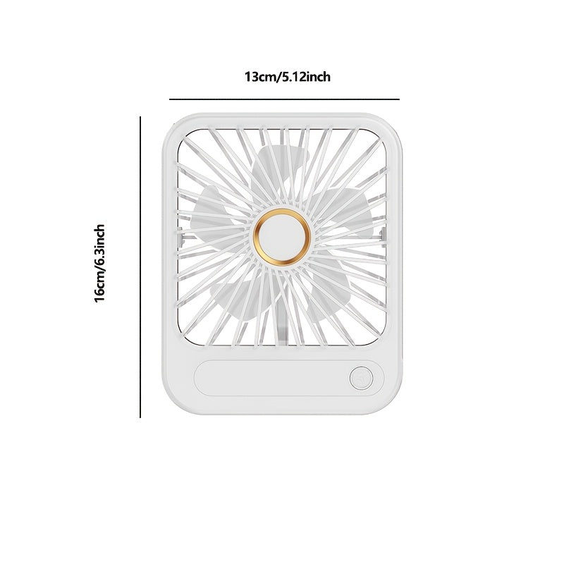 Compact USB rechargeable table fan with 3 speed modes and button control. Made of plastic, suitable for indoor and outdoor use. Rated at 5W, includes cord and built-in lithium battery for convenient office, bedroom, and camping use.