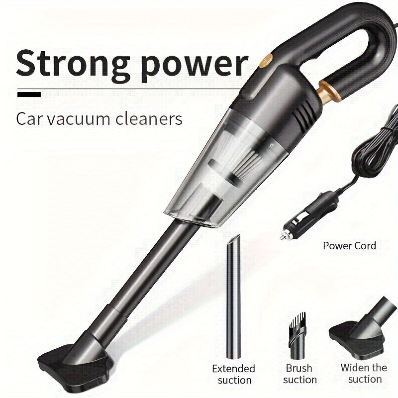 Powerful 12V car vacuum with extended cable, accessories, and strong suction - quiet and efficient.