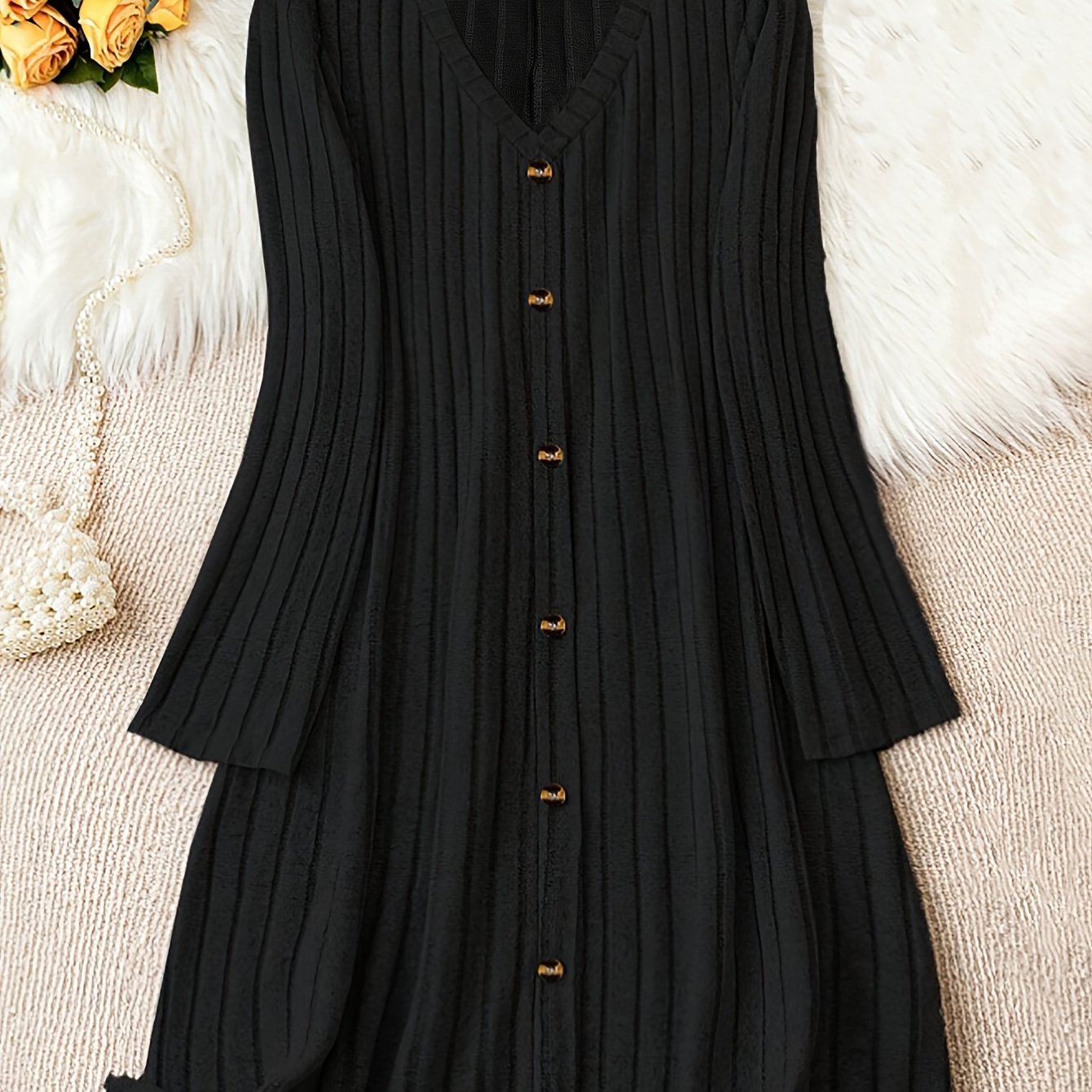 Plus size ribbed V-neck dress for fall & winter. Casual long sleeve with button front. Women's plus size clothing.