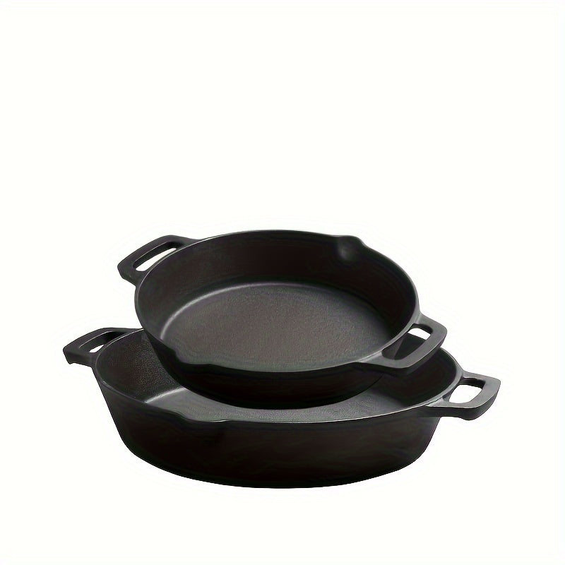 Cast iron skillet featuring dual handles and oil spouts, enhanced non-stick thickened cooking surface, oven-safe design, and smooth finish - ideal kitchen cookware for cooking beef and other dishes.