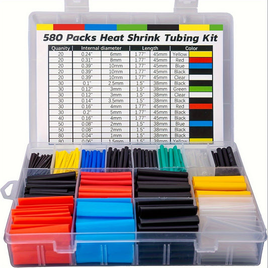 580-piece Heat Shrink Tubing Set in 6 colors and 11 sizes made of EVA material for electrical insulation and wire repair, includes a durable storage case.